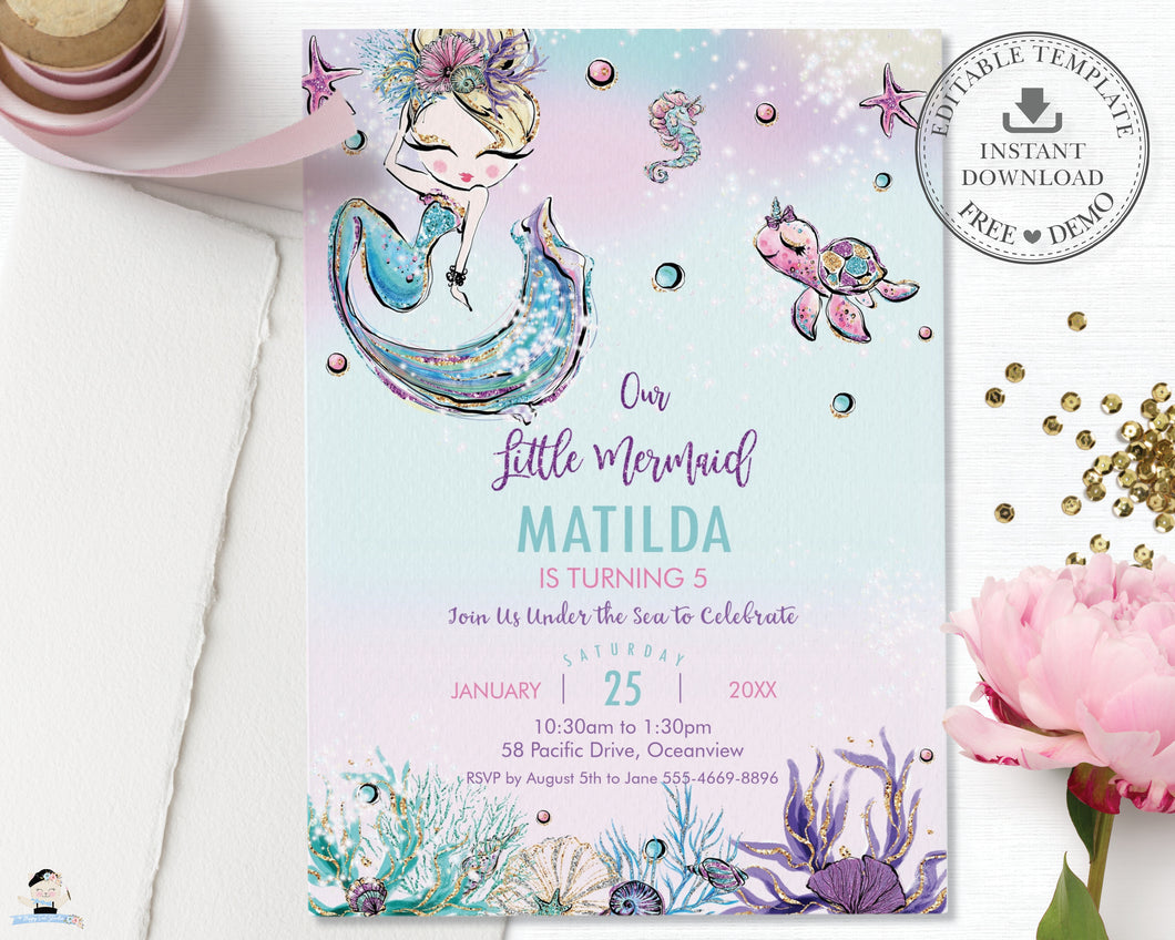 Whimsical Blonde Mermaid Birthday Invitation - Instant EDITABLE TEMPLATE Digital Printable File - MT2
