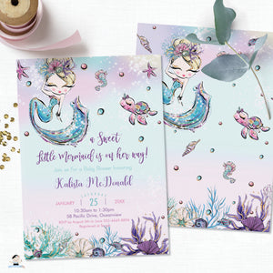 Whimsical Blonde Mermaid Baby Girl Shower Invitation - Instant EDITABLE TEMPLATE Digital Printable File- MT2