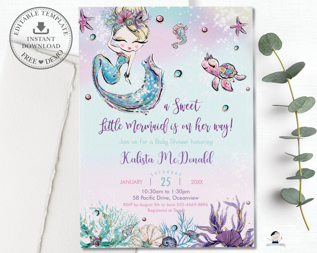 Whimsical Blonde Mermaid Baby Girl Shower Invitation - Instant EDITABLE TEMPLATE Digital Printable File- MT2