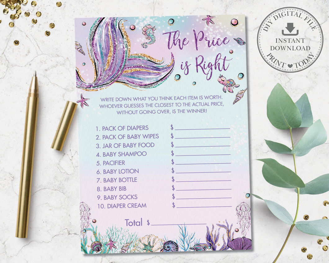 Fun Mermaid The Price is Right Game Baby Shower Activity - Instant Download - Digital Printable File - MT2