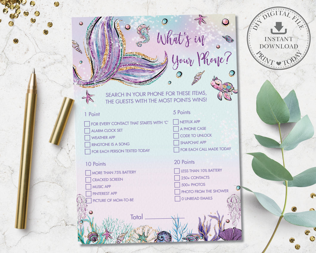 Fun Mermaid What's In Your Phone Game Baby Shower Activity - Instant Download - Digital Printable File - MT2