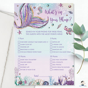 Fun Mermaid What's In Your Phone Game Baby Shower Activity - Instant Download - Digital Printable File - MT2