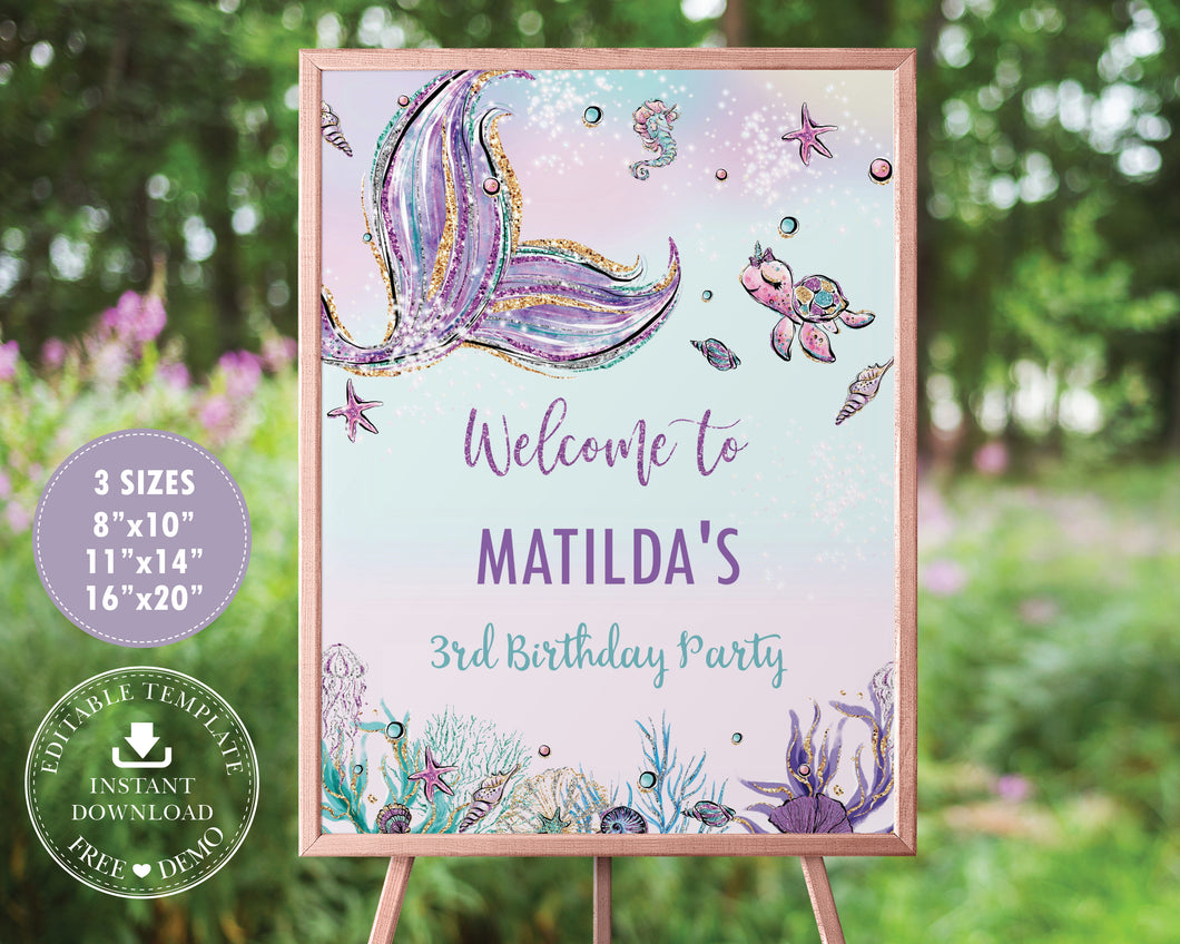 Whimsical Mermaid Tail Under the Sea Birthday Baby Shower Welcome Sign Editable Template - Instant Download - MT2