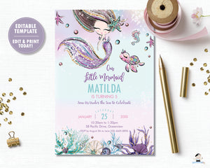 Whimsical Mermaid Birthday Party Invitation - Instant EDITABLE TEMPLATE Digital Printable File- MT2
