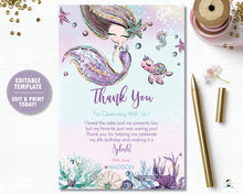 Load image into Gallery viewer, Whimsical Mermaid Birthday Party Thank You Card - Instant EDITABLE TEMPLATE Digital Printable File- MT2