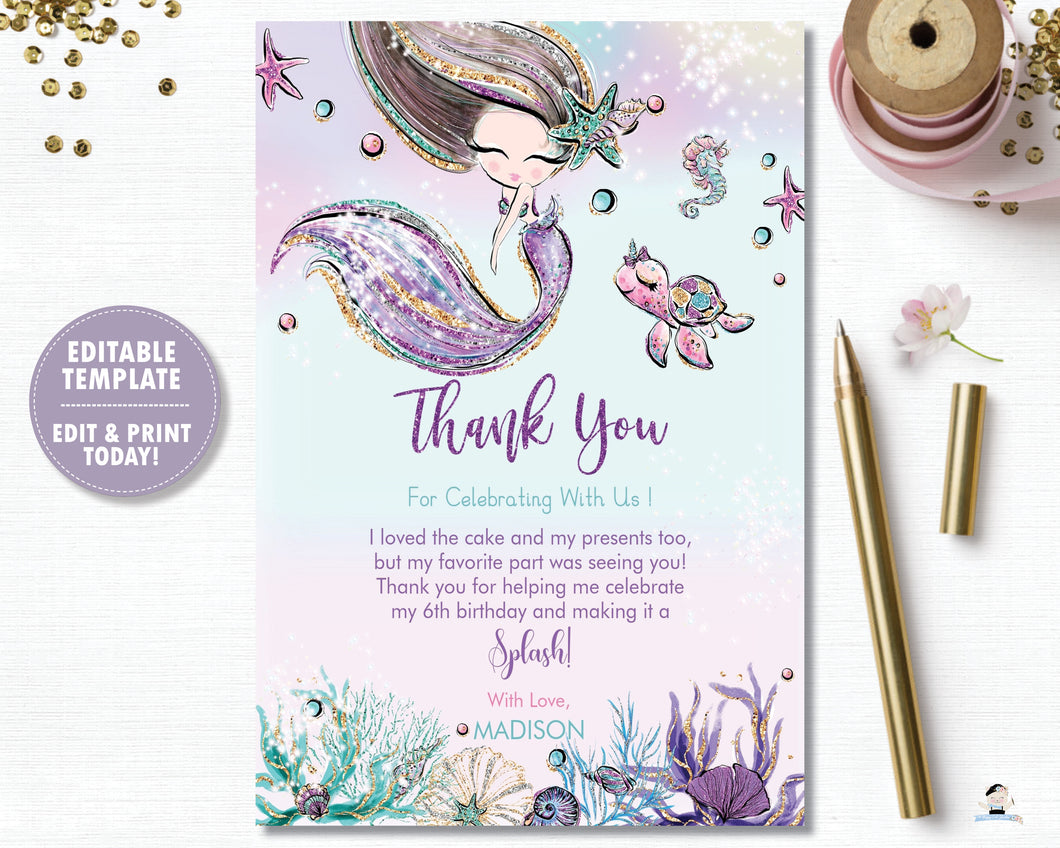 Whimsical Mermaid Birthday Party Thank You Card - Instant EDITABLE TEMPLATE Digital Printable File- MT2