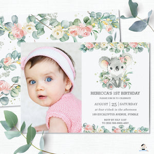 Cute Koala Pink Floral Greenery Birthday Photo Invitation Editable Template - Instant Dowload - Digital Printable File - AU2