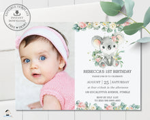 Load image into Gallery viewer, Cute Koala Pink Floral Greenery Birthday Photo Invitation Editable Template - Instant Dowload - Digital Printable File - AU2
