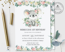Load image into Gallery viewer, Cute Koala Pink Floral Greenery Birthday Invitation Editable Template - Instant Dowload - Digital Printable File - AU2