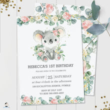 Load image into Gallery viewer, Cute Koala Pink Floral Greenery Birthday Invitation Editable Template - Instant Dowload - Digital Printable File - AU2