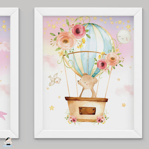 Set of 3 Whimsical Pink Floral Girl Hot Air Balloon Baby Animals Nursery Wall Art - 16"x20" - INSTANT DOWNLOAD - HB5