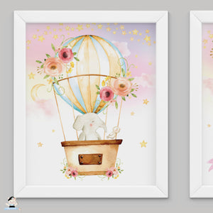 Set of 3 Whimsical Pink Floral Girl Hot Air Balloon Baby Animals Nursery Wall Art - 16"x20" - INSTANT DOWNLOAD - HB5