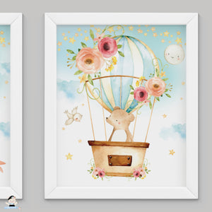 Set of 3 Whimsical Pink Floral Hot Air Balloon Baby Animals Nursery Wall Art - 16"x20" - INSTANT DOWNLOAD - HB5