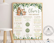 Load image into Gallery viewer, Rustic Greenery Woodland Animals 1st Birthday Milestone Sign Birth Stats Editable Template - Digital Printable File - Instant Download - WG7