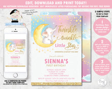 Load image into Gallery viewer, whimsical rainbow twinkle twinkle little star elephant first birthday girl invitation editable template digital printable file