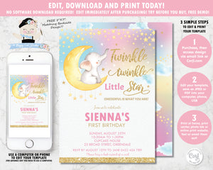 whimsical rainbow twinkle twinkle little star elephant first birthday girl invitation editable template digital printable file