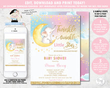 Load image into Gallery viewer, whimsical rainbow twinkle twinkle little star elephant baby shower girl invitation editable template printable file