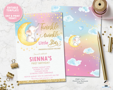 whimsical baby elephant twinkle little star girl 1st birthday invitation editable template digital printable file
