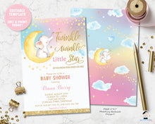 Load image into Gallery viewer, whimsical rainbow twinkle twinkle little star elephant sitting on crescent moon baby shower invitation editable template 