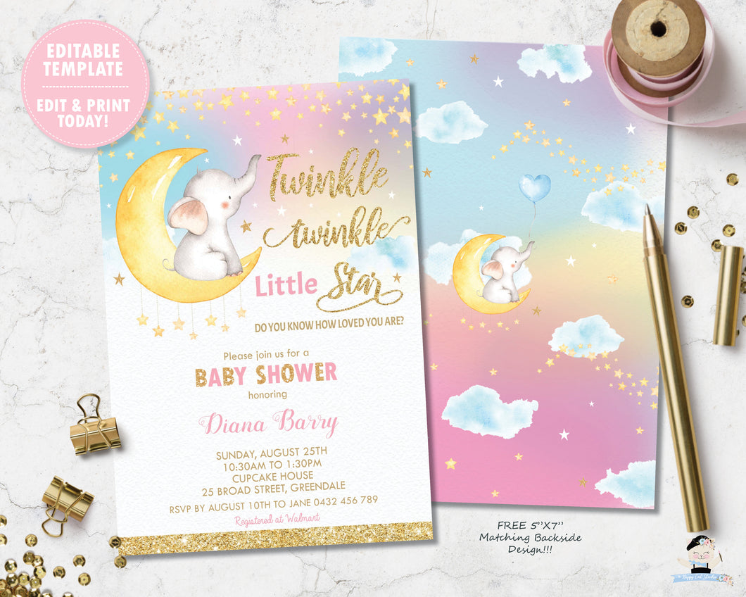 whimsical rainbow twinkle twinkle little star elephant sitting on crescent moon baby shower invitation editable template 