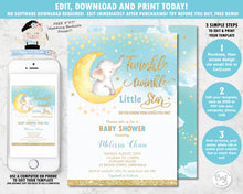 Load image into Gallery viewer, Editable template twinkle little star elephant baby boy shower personalised invitation 