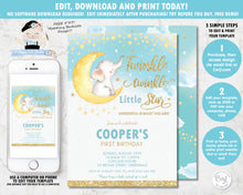 Load image into Gallery viewer, twinkle twinkle little star whimsical 1st birthday boy editable template invitation digital printable file