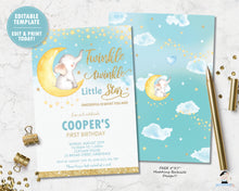 Load image into Gallery viewer, twinkle twinkle little star elephant on a crescent moon 1st birthday boy invitation editable template digital printable file