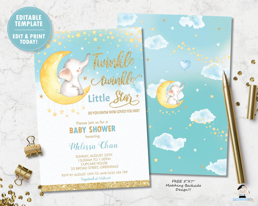 whimsical twinkle twinkle little star elephant on crescent moon baby boy shower invitation editable template printable file
