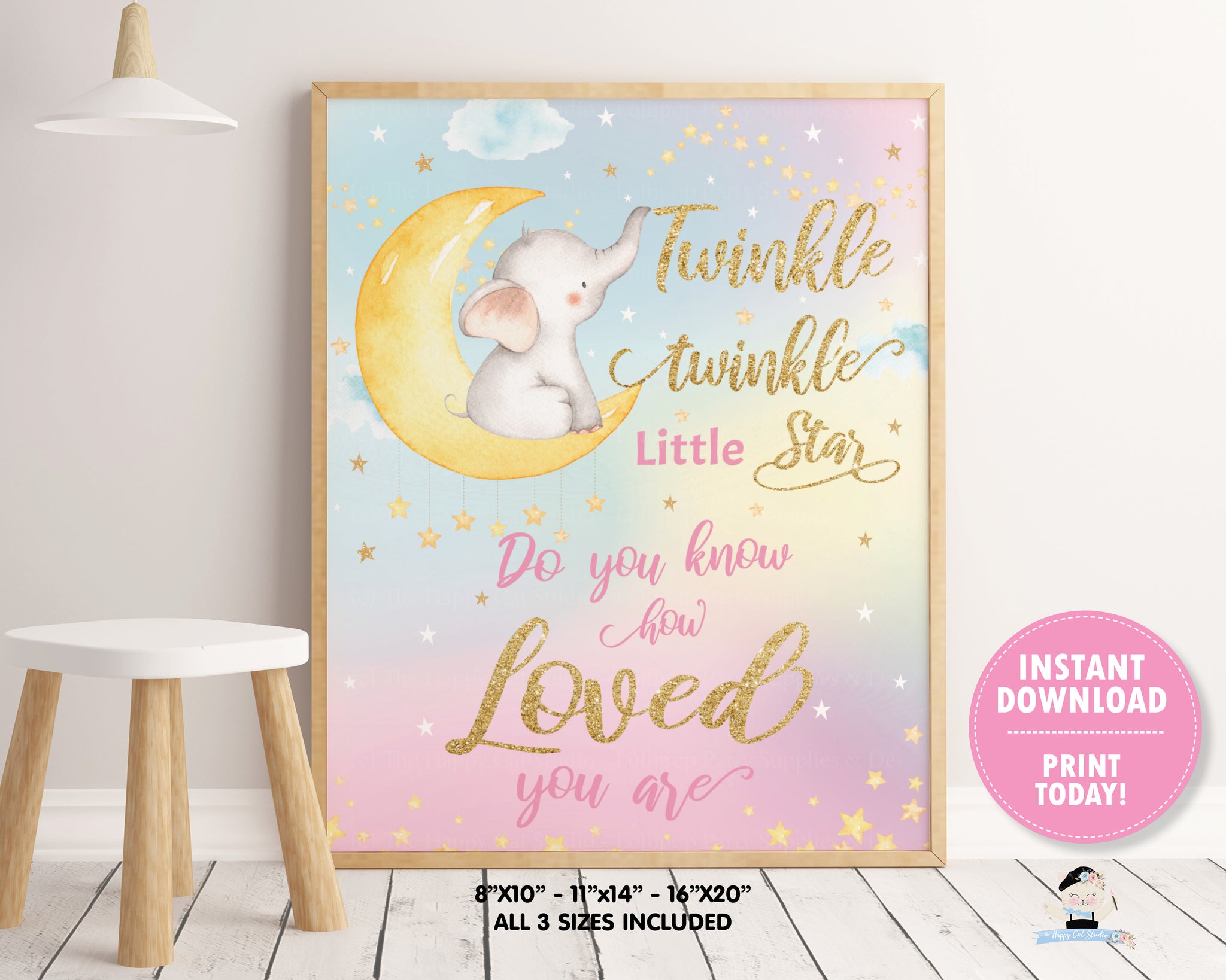 Whimsical Twinkle Twinkle Little Star Elephant Girl Nursery Wall