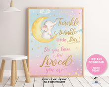 Load image into Gallery viewer, whimsical rainbow sky twinkle twinkle little star with elephant sitting on crescent moon wall art kids room decor instant download printable file