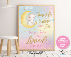 whimsical rainbow sky twinkle twinkle little star with elephant sitting on crescent moon wall art kids room decor instant download printable file