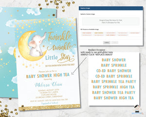 whimsical little elephant on crescent moon among twinkling stars twinkle star baby shower invitation editable template printable file