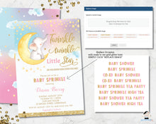 Load image into Gallery viewer, twinkle little star elephant sitting on crescent moon baby girl shower invitation editable template