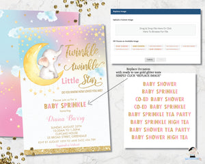 twinkle little star elephant sitting on crescent moon baby girl shower invitation editable template