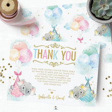Load image into Gallery viewer, Whimsical Twin Boy Girl Elephant Baby Shower Personalized Thank You Note Card Editable Template - Digital Printable File - EP3