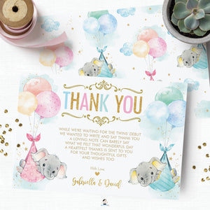 Whimsical Twin Boy Girl Elephant Baby Shower Personalized Thank You Note Card Editable Template - Digital Printable File - EP3