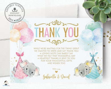 Whimsical Twin Boy Girl Elephant Baby Shower Personalized Thank You Note Card Editable Template - Digital Printable File - EP3