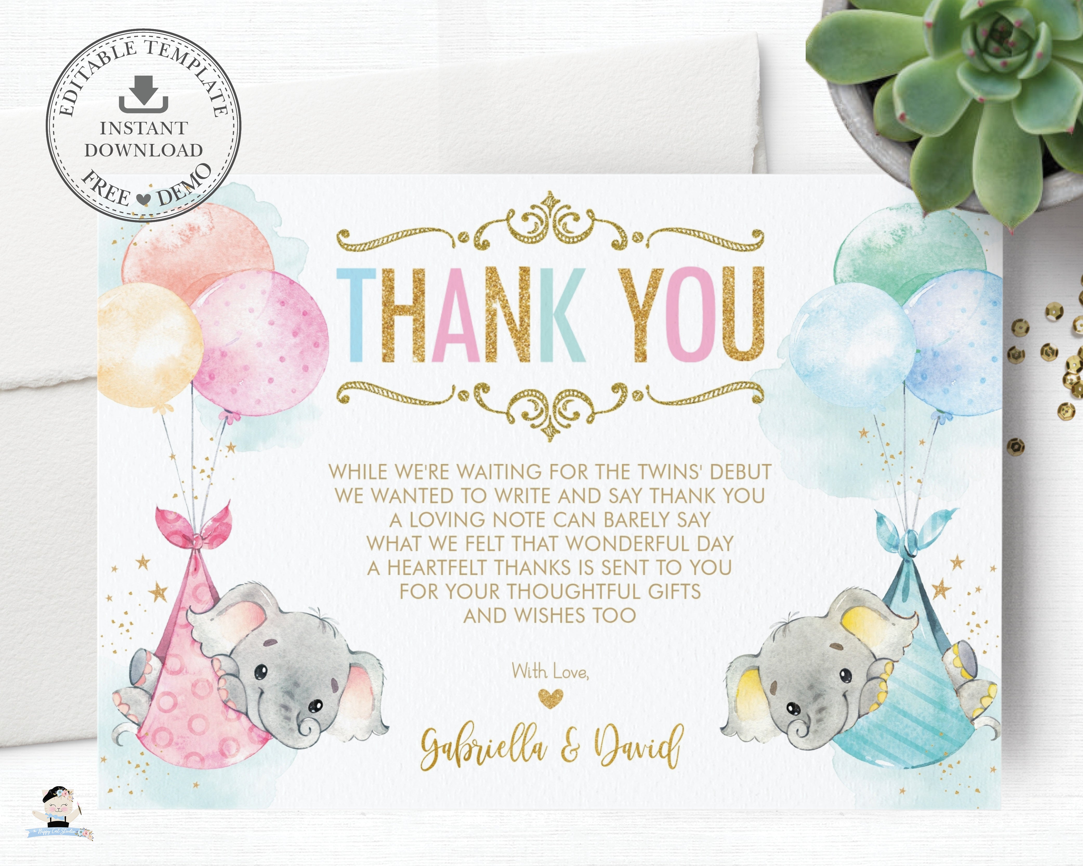 Whimsical Twin Boy Girl Elephant Baby Shower Personalized Thank