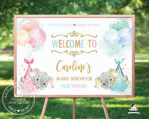 Twins Boy Girl Elephant Baby Shower Welcome Sign Editable Template - Digital Printable File - Instant Download - EP3