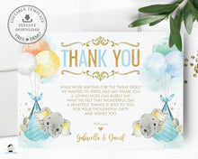 Load image into Gallery viewer, Whimsical Twin Boys Elephant Baby Shower Personalized Thank You Note Card Editable Template - Digital Printable File - EP3
