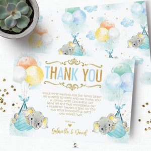 Whimsical Twin Boys Elephant Baby Shower Personalized Thank You Note Card Editable Template - Digital Printable File - EP3