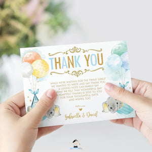 Whimsical Twin Boys Elephant Baby Shower Personalized Thank You Note Card Editable Template - Digital Printable File - EP3