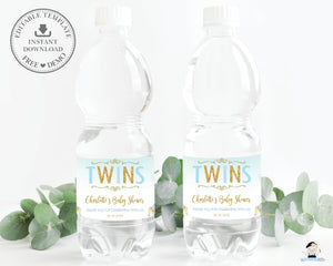 Twin Boys Elephant Baby Shower Personalized Water Bottle Labels Editable Template - Digital Printable File - EP3