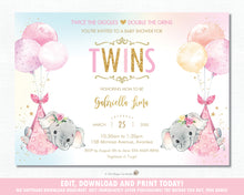 Load image into Gallery viewer, Whimsical Twin Girls Elephant Baby Shower Personalized Invitation Editable Template - Digital Printable File - EP3