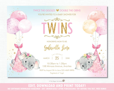 Whimsical Twin Girls Elephant Baby Shower Personalized Invitation Editable Template - Digital Printable File - EP3