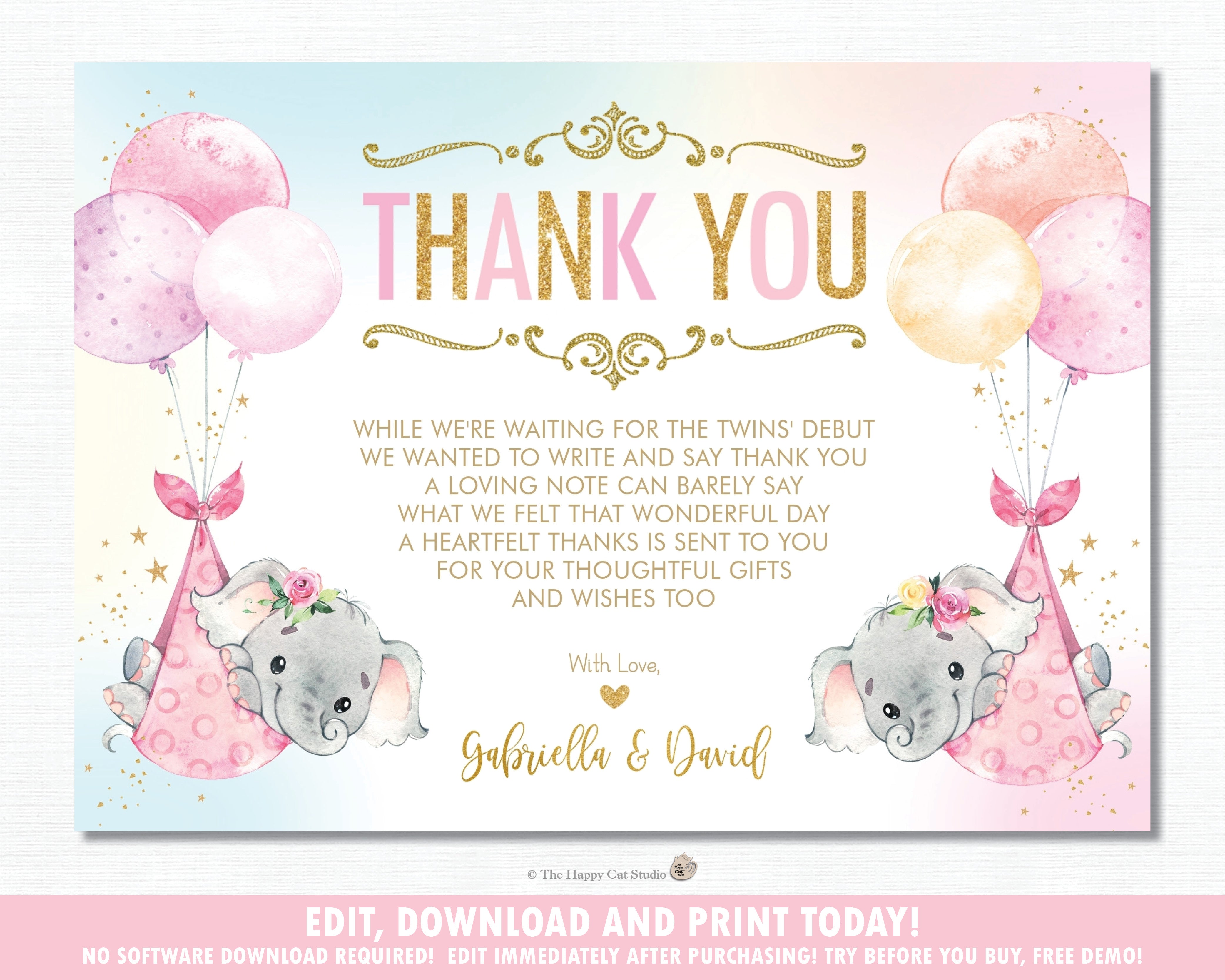 gas justere designer Whimsical Twin Girls Elephant Baby Shower Personalized Thank You Note – The  Happy Cat Studio