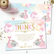 Load image into Gallery viewer, Whimsical Twin Girls Elephant Baby Shower Personalized Thank You Note Card Editable Template - Digital Printable File - EP3