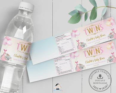 Twin Girls Elephant Baby Shower Personalized Water Bottle Labels Editable Template - Digital Printable File - EP3