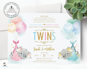 Elephant Baby Shower by Mail Invitation Twins Baby Boy and Girl Long Distance Virtual Shower - Editable Template - Instant Download - EP3