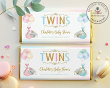 Load image into Gallery viewer, Twin Boy Girl Elephant Baby Shower Personalized Chocolate Bar Wrapper Editable Template - Digital Printable File - EP3